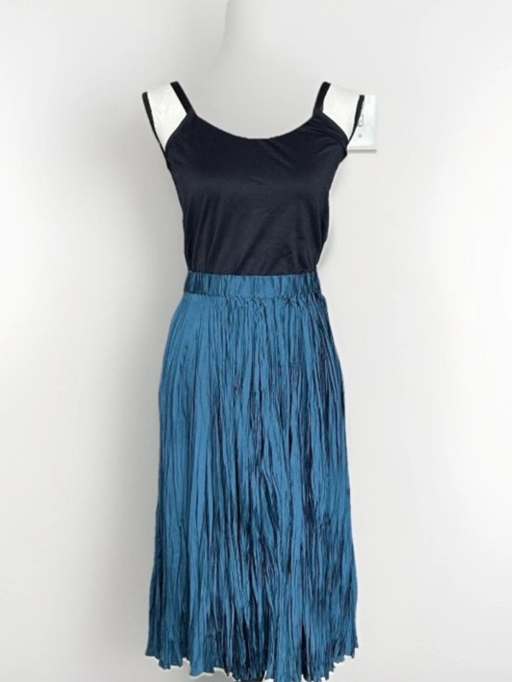 J Jill Women Satin Pleated Crinkle Textured Pull On Midi Skirt Teal Blue L Flowy